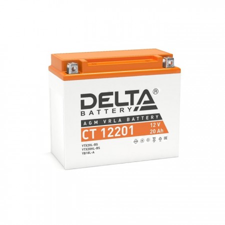 Аккумуляторная батарея Delta СТ12201 (YTX20L-BS, YTX20HL-BS, YB16L-B, YB18L-A) 12 В, 20 Ач обратная (- +)