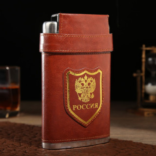 Фляжка, 300 мл (10 oz) "Герб России", 3 стопки, 9.5 х 3 х 16 см, коричневая