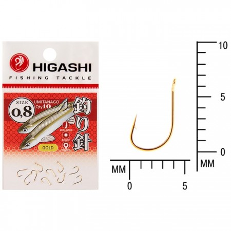 Крючок HIGASHI Umitanago ringed, крючок № 0.8, 10 шт., набор, золотой, 03685