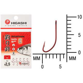 Крючок HIGASHI Akitakitsune ringed, крючок № 2.5, 10 шт., набор, красный, 04900