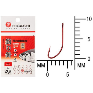 Крючок HIGASHI Akitakitsune ringed, крючок № 2.5, 10 шт., набор, красный UV, 04920