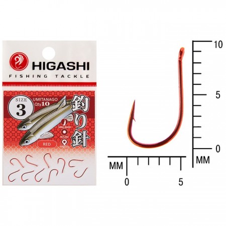 Крючок HIGASHI Umitanago ringed, крючок № 3, 10 шт., набор, красный, 01349