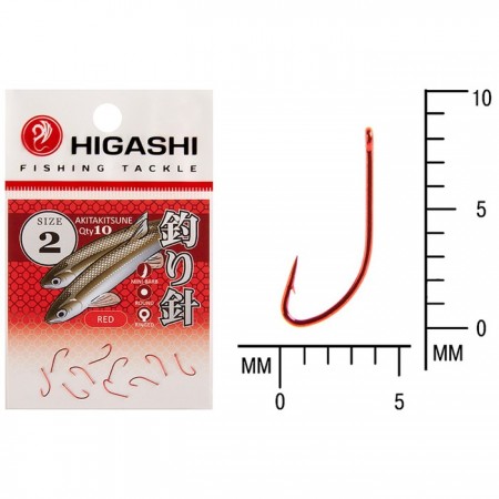 Крючок HIGASHI Akitakitsune ringed, крючок № 2, 10 шт., набор, красный, 03668