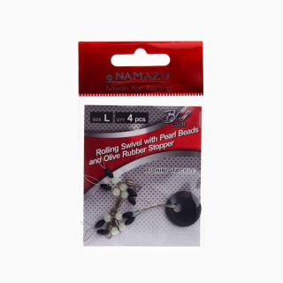 Стопор с вертлюгом Namazu ROLLING SWIVEL PEARL BEADS AND OLIVE RUBBER STOPPER, р. L, 4 шт.