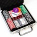 Покер в кейсе (100 фишек, 5 кубиков, 2 колоды карт), с номиналом, вес фишки 3 г, 49 х 25 см