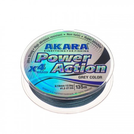 Шнур Akara Power Action X-4, диаметр 0.18 мм, тест 12.5 кг, 135 м, серый
