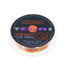 Шнур Akara Teuri X-9, диаметр 0.12 мм, тест 6 кг, 135 м, жёлто-оранжевый