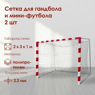 Сетка для гандбола/мини-футбола 2 х 3 х 1 м, нить 2,2 мм, ячейки 40 х 40 мм, цвет белый/синий, набор 2 сетки