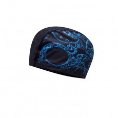 Шапочка для плавания Atemi PU 303, тканевая с ПУ покрытием, чёрный, принт синий