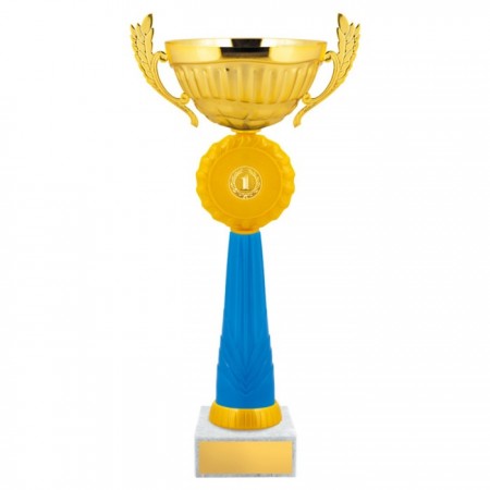 Кубок с металлической чашей, основание из мрамора, h=30 см, цвет золото, голубой