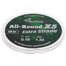 Леска монофильная ALLVEGA All-Round X5, диаметр 0.10 мм, тест 1.34 кг, 50 м, прозрачная