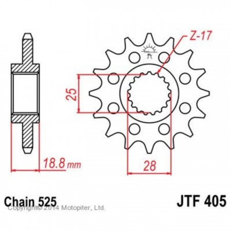 Звезда передняя, ведущая, для мотоцикла, стальная JTF405, цепь 525, 20 зубьев