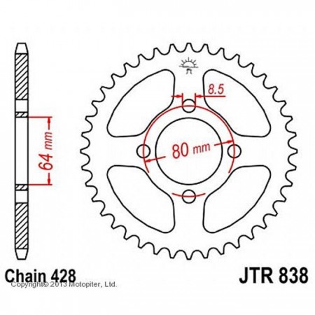 Звезда задняя, ведомая, JTR838 для мотоцикла стальная, цепь 428, 45 зубьев